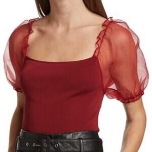 ASTR Bodysuit Small Darling Puff Sleeve Bodycon Sheer Statement Sleeves Wine NWT